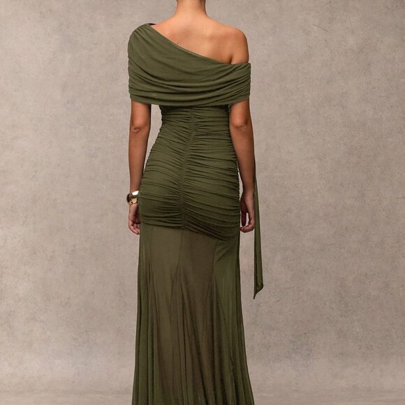 Army Green Elegant Women's Ruched Asymmetric Dress - Picture 2 of 8